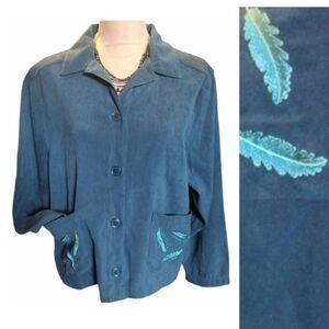 VTG Turquoise Leaf Embroidered Pockets Button Front Cardigan Top M/ L